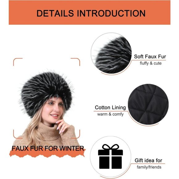 Women Black & White Warm Winter Hat Faux Fur Russian Cossack Style main image 4
